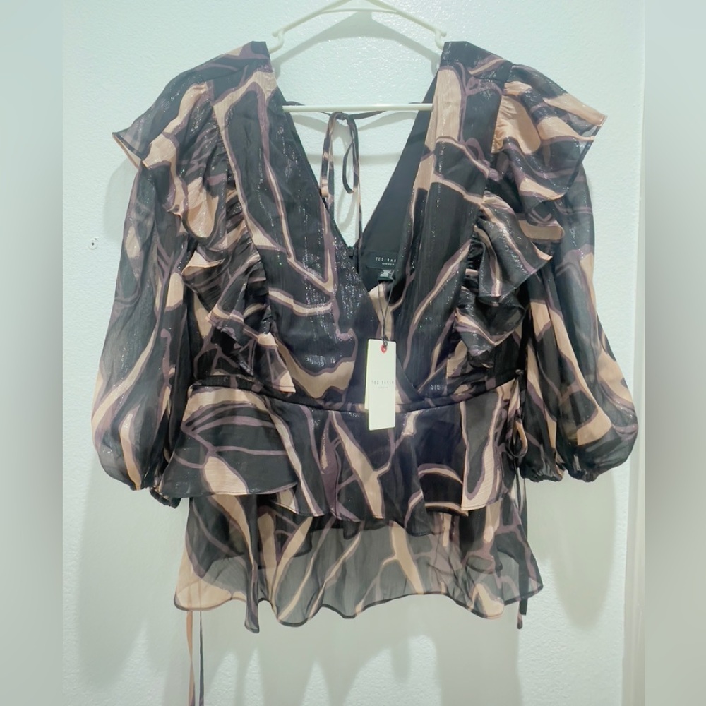 Ted Baker London Ruffle V Neck with Tie Waist